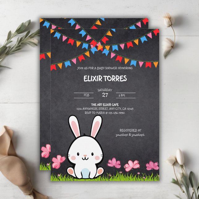 Convites Chuva de Bebê Bunny Loquinha de Quadro Negro Branc (Criador carregado)