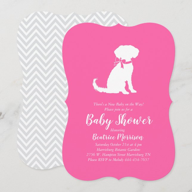 Convites Chuva de Bebê Cachorro Schnoodle Menina Rosa (Frente/Verso)