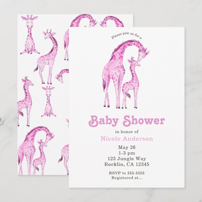 Convites Chuva de Bebê Caprichosa das Girafas Rosas (Frente/Verso)