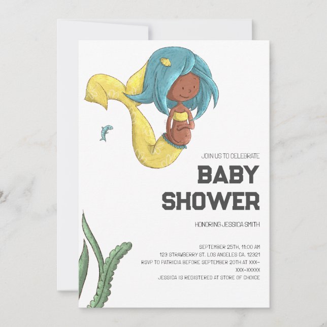 Convites Chuva de Bebê Caprichosa de Sereia Afro-Americana (Frente)