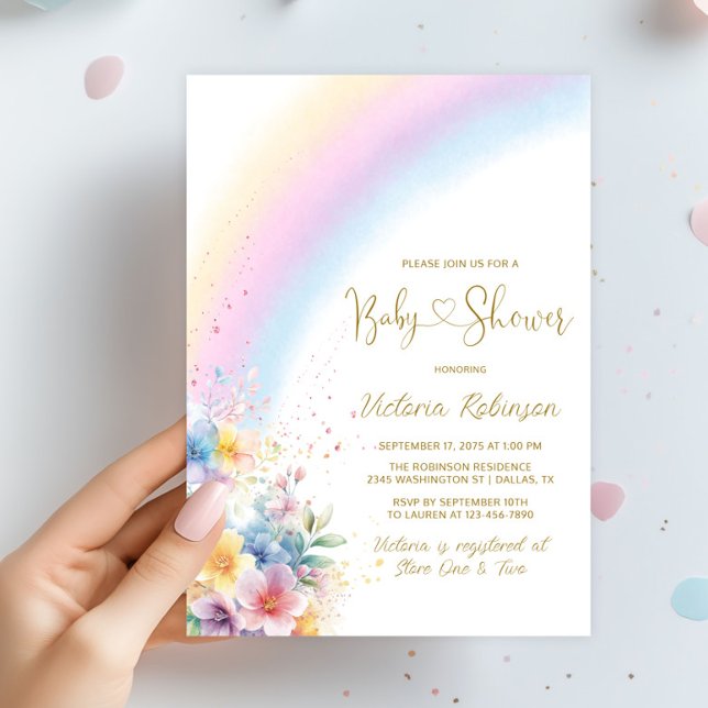 Convites Chuva de Bebê Caprichosa em Tons Pastel (Watercolor rainbow and flowers rainbow baby shower invitation. Simply add your event details.)