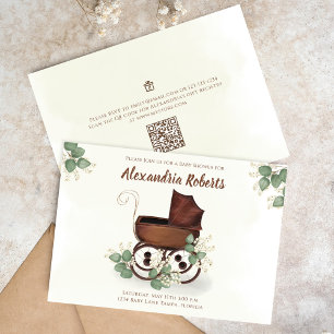 Convites Chuva de Bebê Carrinho Vintage com Folhagens