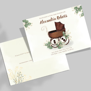 Convites Chuva de Bebê Carrinho Vintage com Folhagens