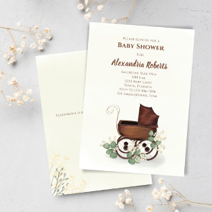Convites Chuva de Bebê Carrinho Vintage com Folhagens