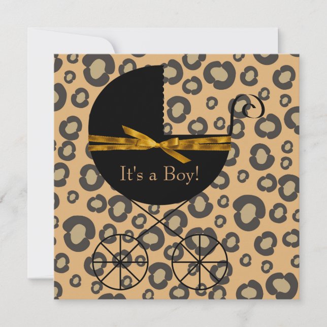 Convites Chuva de Bebê Carruagem Leopardo Marrom Dourado (Frente)