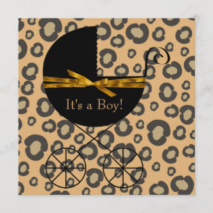 Convites Chuva de Bebê Carruagem Leopardo Marrom Dourado