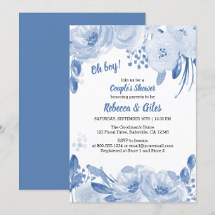 Convites Chuva de Bebê Casal Azul Empoeirado Floral Aquarel