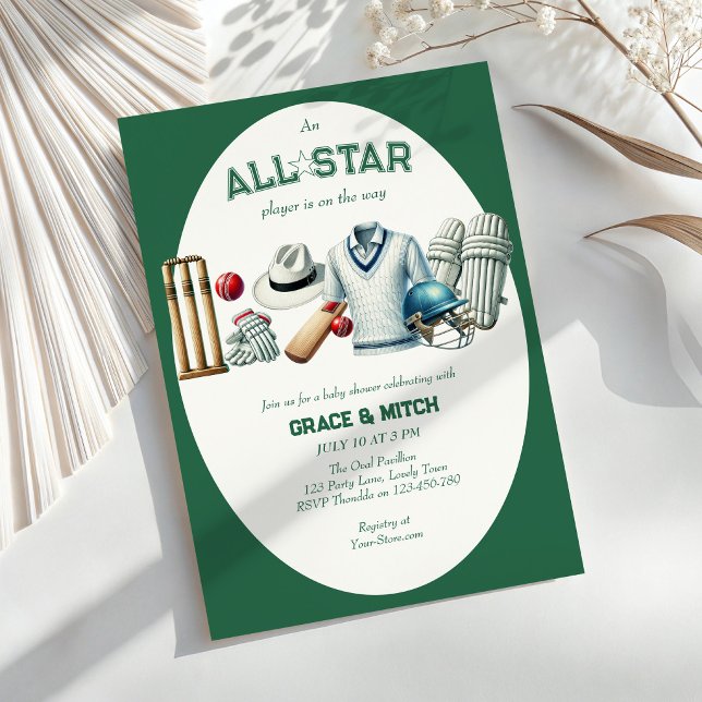 Convites Chuva de Bebê Casal de Estrelas do Críquete (All Star Cricket Player Baby Shower invitation)