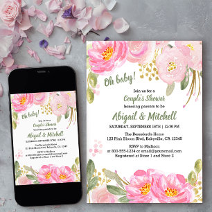 Convites Chuva de Bebê Casal Floral Dourado Aquarela Rosa