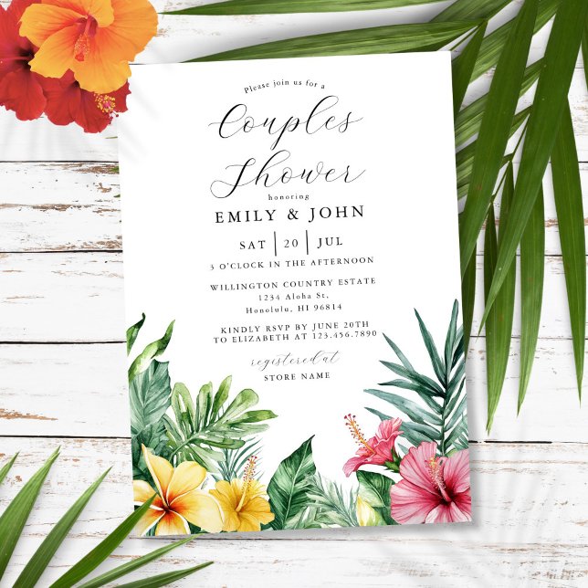 Convites Chuva de Bebê Casal Flores Tropicais Aquarela (Watercolor Tropical Flowers Couples Shower Invitation)