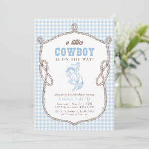 Convites Chuva de Bebê Caubói em Xadrez Azul Vintage Préppy