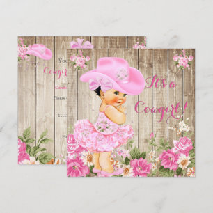 Convites Chuva de Bebê Caubói Rosa Madeira Rústica Menina M