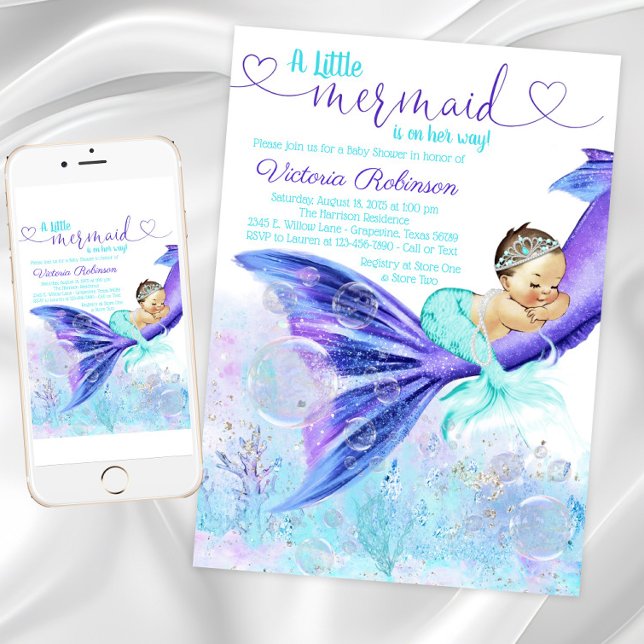Convites Chuva de Bebê Cauda de Sereia Morena Sereia (Pretty mermaid baby shower invitation. Instant download and printed invitations available.)