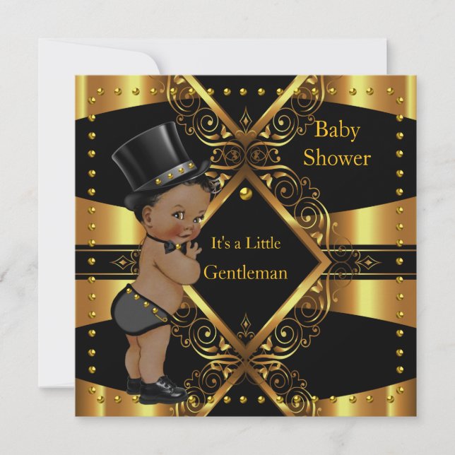 Convites Chuva de Bebê Cavalheiro Dourado Menino Tophat Étn (Frente)