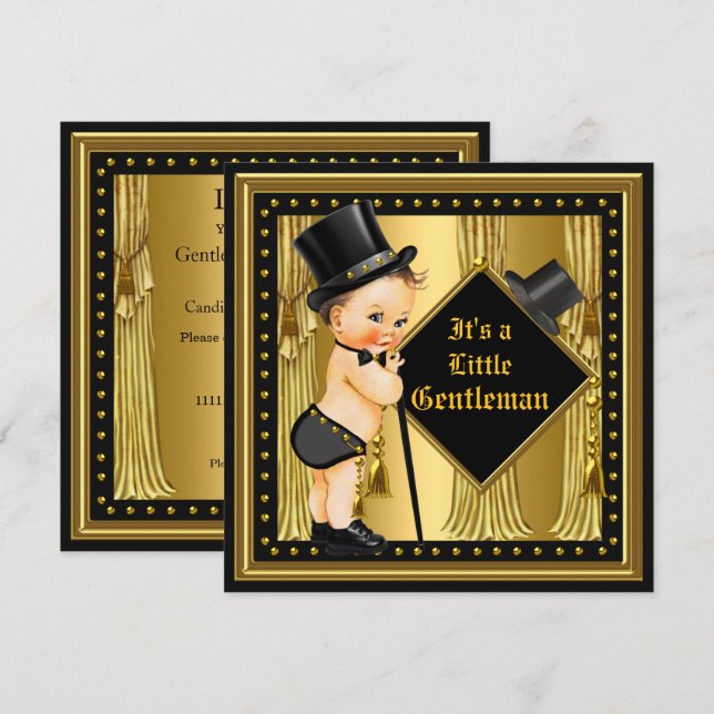 Convites Chuva de Bebê Cavalheiro Menino Dourado Preto Bebê (Frente/Verso)