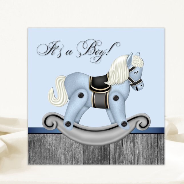 Convites Chuva de Bebê Cavalo de Balanço Preto e Azul (Sweet rocking horse baby shower invitation. Simply add your event details.)
