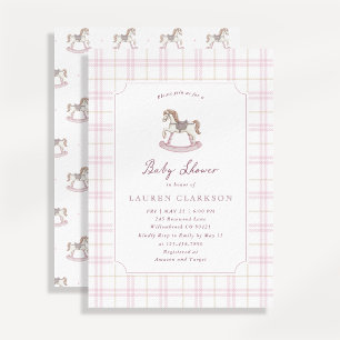 Convites Chuva de Bebê Cavalo de Balanço Rosa Chique