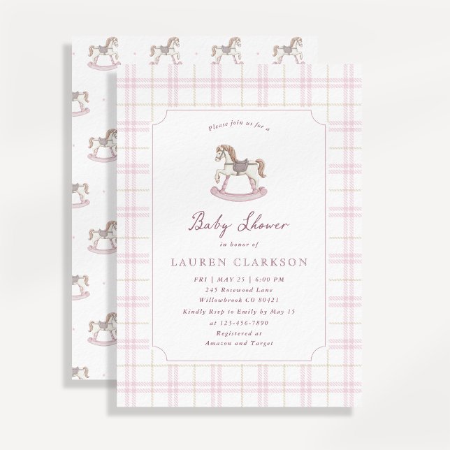 Convites Chuva de Bebê Cavalo de Balanço Rosa Chique (Criador carregado)