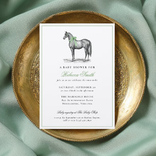 Convites Chuva de Bebê Cavalo Equino Verde Elegante Vintage