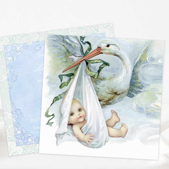 Convites Chuva de Bebê Cegonha Azul e Verde (Beautiful vintage stork baby shower invitation. Simply add your details to the front and back.)