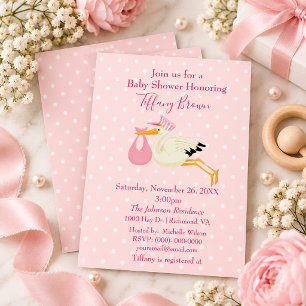 Convites Chuva de Bebê Cegonha com Bolinhas Rosa e Branco