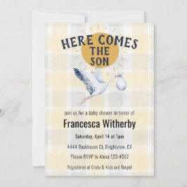 Convites Chuva de Bebê Cegonha Xadrez Marigold Névoa Sol 02