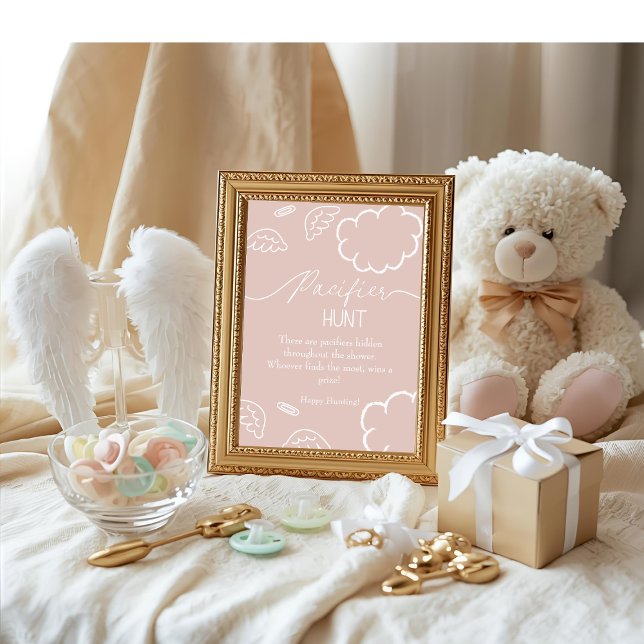 Convites Chuva de bebê celestial Jogo de caça ao bico de ro (Heavenly baby shower Pink Pacifier Hunt game)