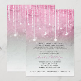 Convites Chuva de Bebê Celestial Pink Cinza Branco Lua e Es