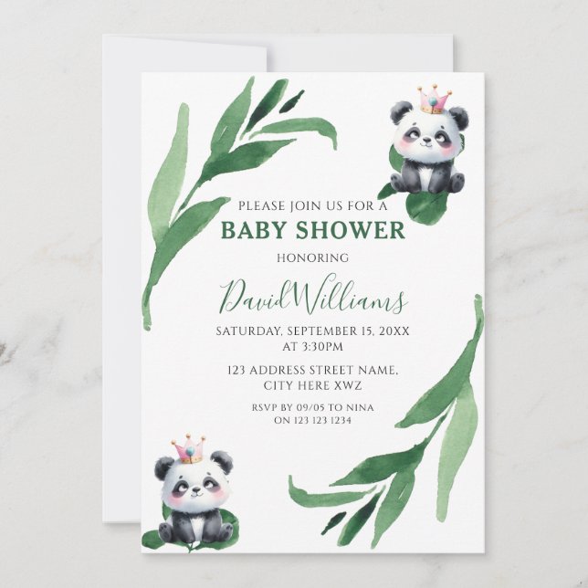 Convites Chuva de Bebê Chic Neutro em Folhagem com Panda Fo (Frente)