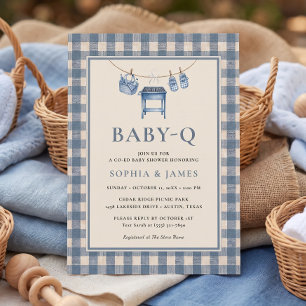 Convites Chuva de Bebê Churrasco de Gingham Azul em Varal d