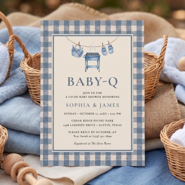 Convites Chuva de Bebê Churrasco de Gingham Azul em Varal d (Blue Gingham BBQ Grill Clothesline Baby Shower Invitation)