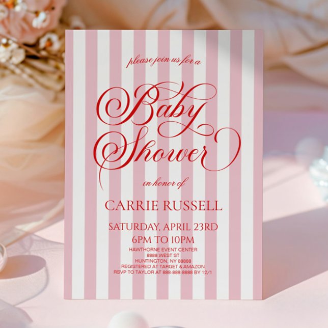 Convites Chuva de Bebê Clássica Elegante Listras Rosa Verme (Criador carregado)