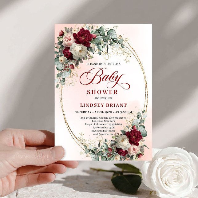 Convites Chuva de Bebê Clássica Rústica Peônias Burgundy Do (Classic Rustic Burgundy Peonies Gold Baby Shower)