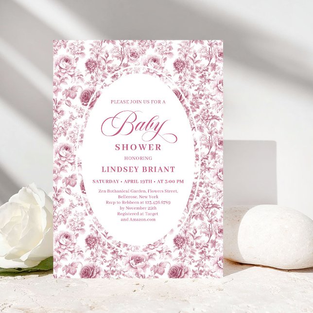 Convites Chuva de Bebê Clássico com Padrão de Rosas Rosa e  (Classic Pink and White Rose Pattern Baby Shower Invite)