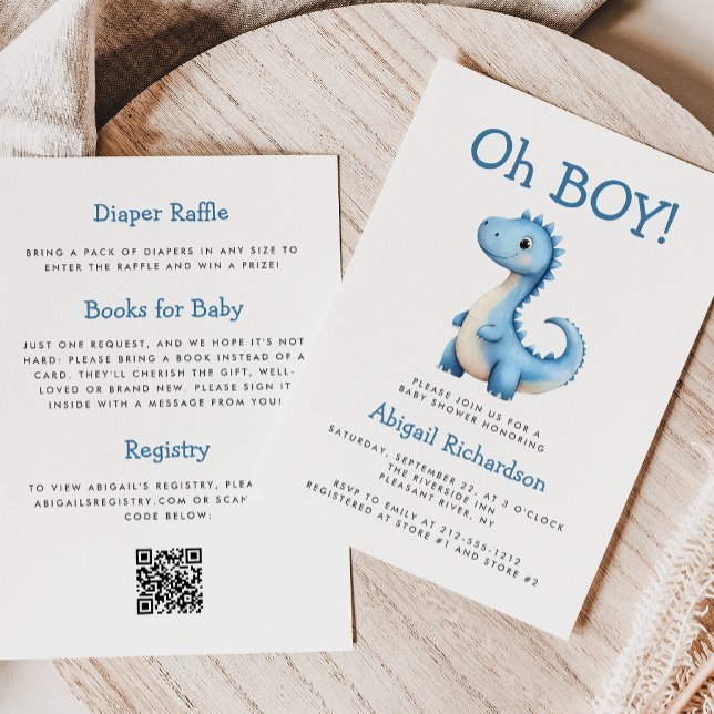 Convites Chuva de Bebê Código QR Dinossauro Azul Fofo Menin (Criador carregado)