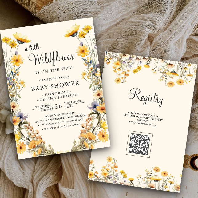 Convites Chuva de Bebê Código QR Flor de Amarelo Boho Selva (Criador carregado)