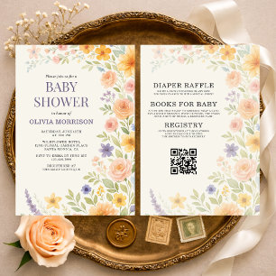Convites Chuva de Bebê Código QR Floral de Flores Silvestre