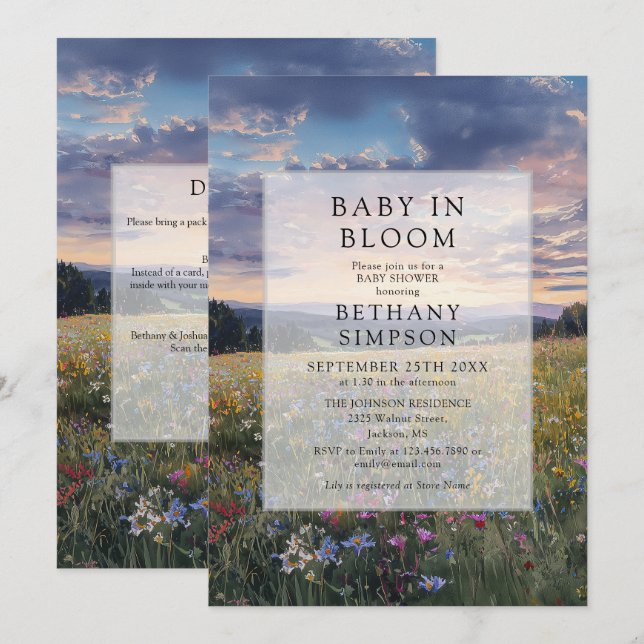 Convites Chuva de Bebê Código QR Floral Meadow Baby Shower (Frente/Verso)