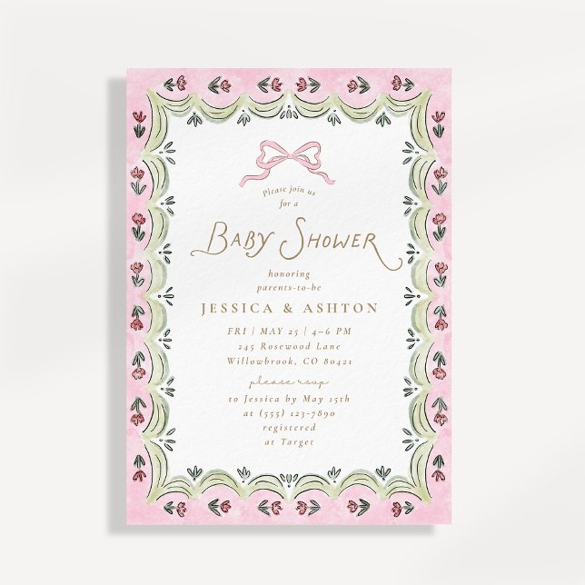 Convites Chuva de Bebê com Arco Rosa e Moldura Floral  (Criador carregado)