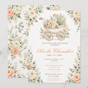 Convites Chuva de Bebê com Carrinho de Bebê Floral