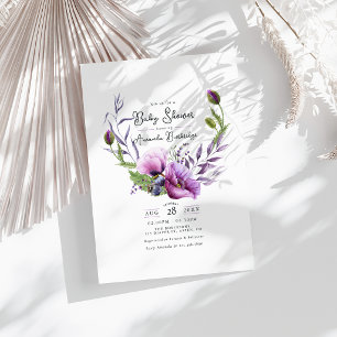 Convites Chuva de Bebê com Coroa Floral Roxa Pastel