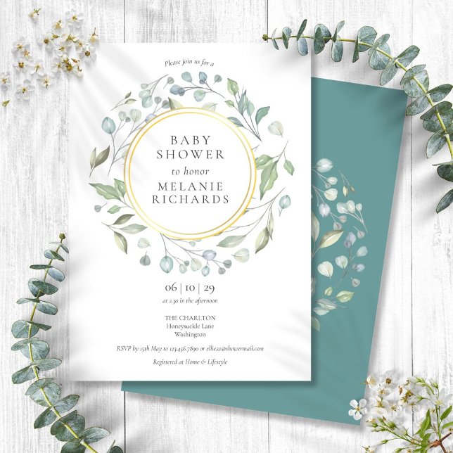 Convites Chuva de Bebê com Elegante Grinalda Verde (Elegant Garland Greenery Baby Shower Invitation)