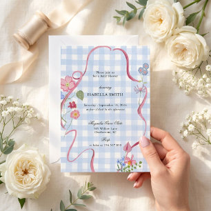 Convites Chuva de Bebê com Fita Floral em Xadrez Azul