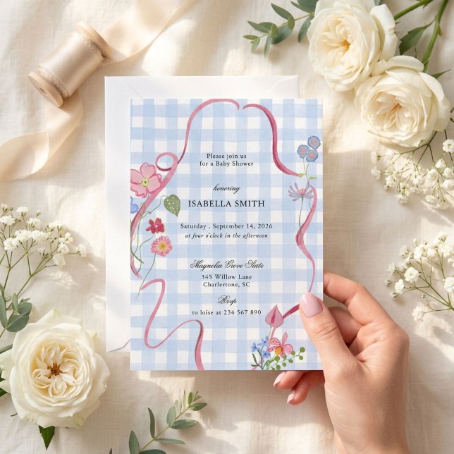 Convites Chuva de Bebê com Fita Floral em Xadrez Azul (Criador carregado)