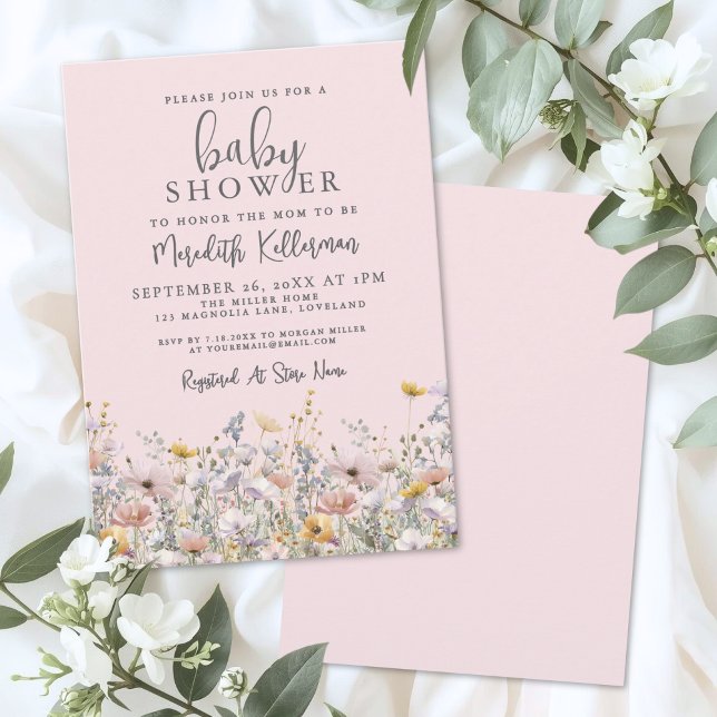 Convites Chuva de Bebê com Flores Silvestres Rosa Corado (Blush Pink Wildflower Baby Shower Invitation)
