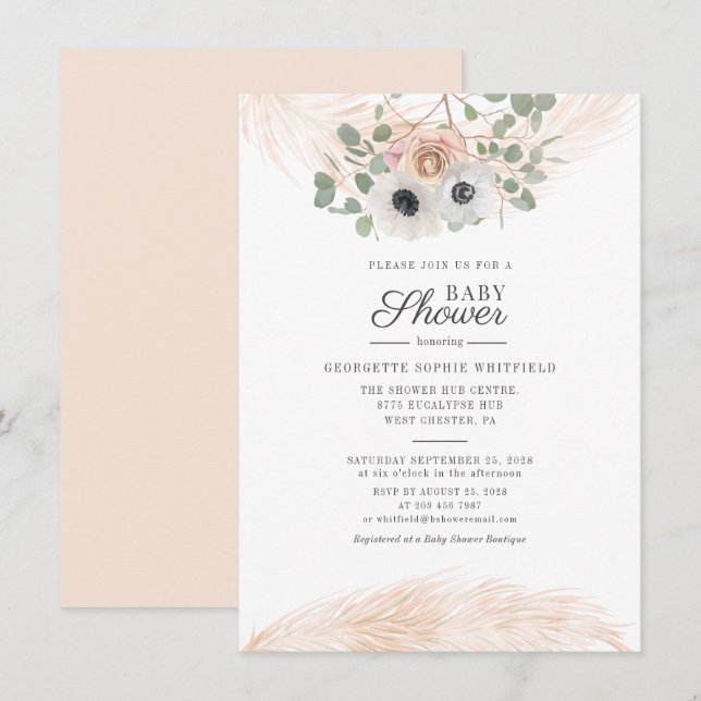Convites Chuva de Bebê com Grama Pampas Floral e Eucalipto  (Frente/Verso)