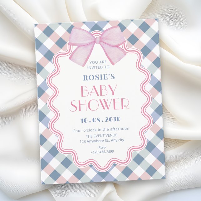 Convites Chuva de bebê com laço de gingham (Criador carregado)
