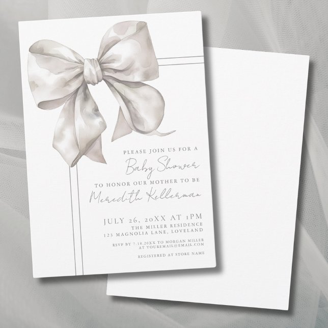 Convites Chuva de Bebê com Laço Simples e Elegante (Simple Elegant Bow Baby Shower Invitation)