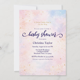 Convites Chuva de Bebê com Letra Dourada em Aquarela Pastel