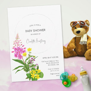 Convites Chuva de Bebê com Letreiro de Flor Silvestre Rosa